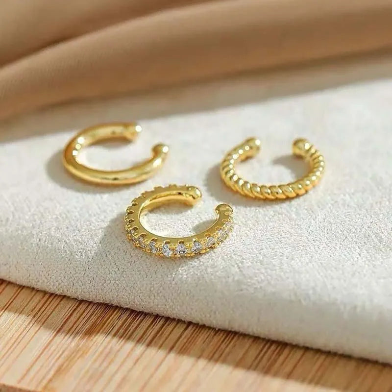 3 szt./zestaw Modne złote kolczyki klipsy z kryształkami dla kobiet i dziewcząt Minimalistyczne metalowe kolczyki w kształcie litery C, imitacja piercingu, nausznica, biżuteria do uszu