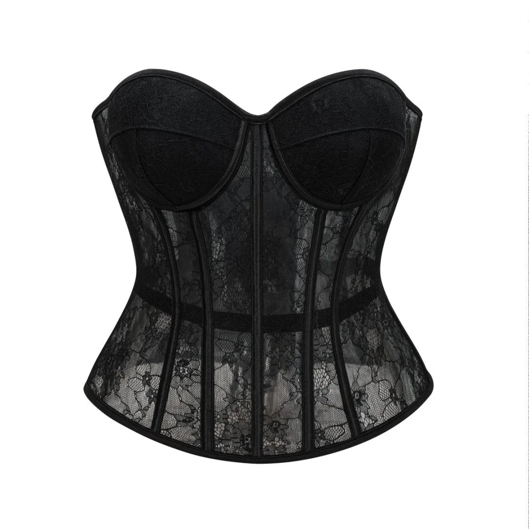 Czarny Przezroczysty Koronkowy Gorset z Fiszbinami, Podnoszący Biust, Modelujący Sylwetkę, Damski Bustier, Krótki Top, Gotycki Egzotyczny Gorset Nero