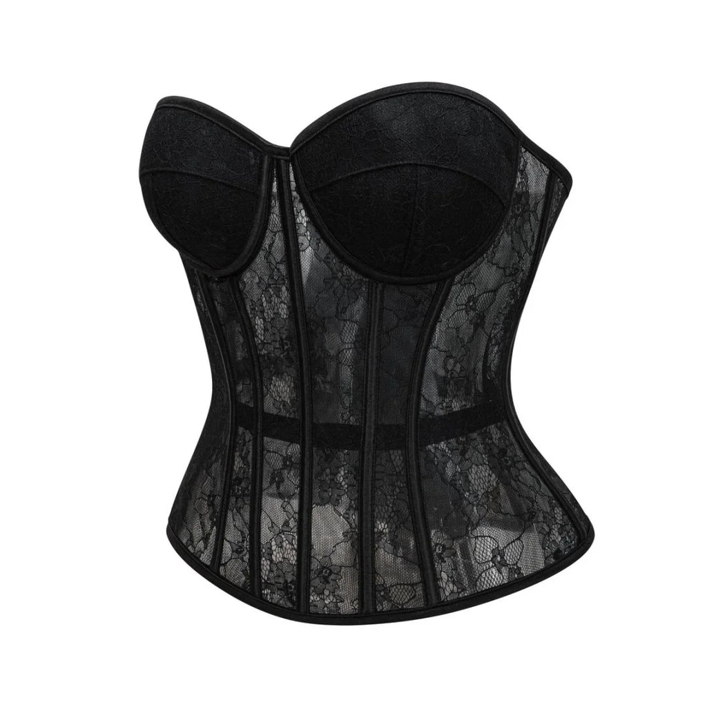 Czarny Przezroczysty Koronkowy Gorset z Fiszbinami, Podnoszący Biust, Modelujący Sylwetkę, Damski Bustier, Krótki Top, Gotycki Egzotyczny Gorset Nero