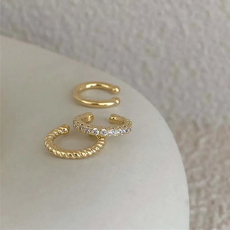 3 szt./zestaw Modne złote kolczyki klipsy z kryształkami dla kobiet i dziewcząt Minimalistyczne metalowe kolczyki w kształcie litery C, imitacja piercingu, nausznica, biżuteria do uszu